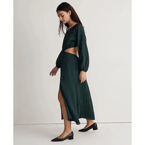 Madewell Long Sleeve Cutout Midi Dress Smoky Spruce Green Black Women's Medium - Picture 16 of 16